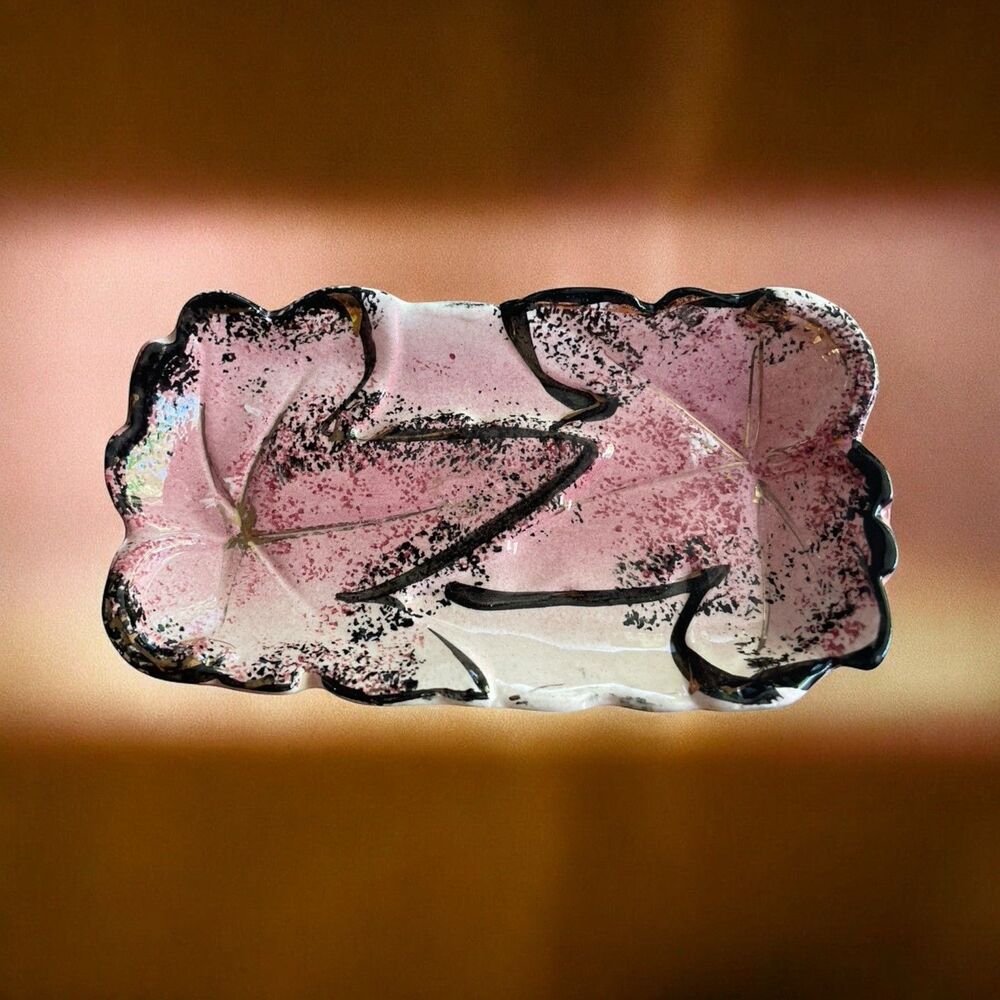Mid Century Modern Trinket Dish Pink And Black Made In Japan 5x3”.